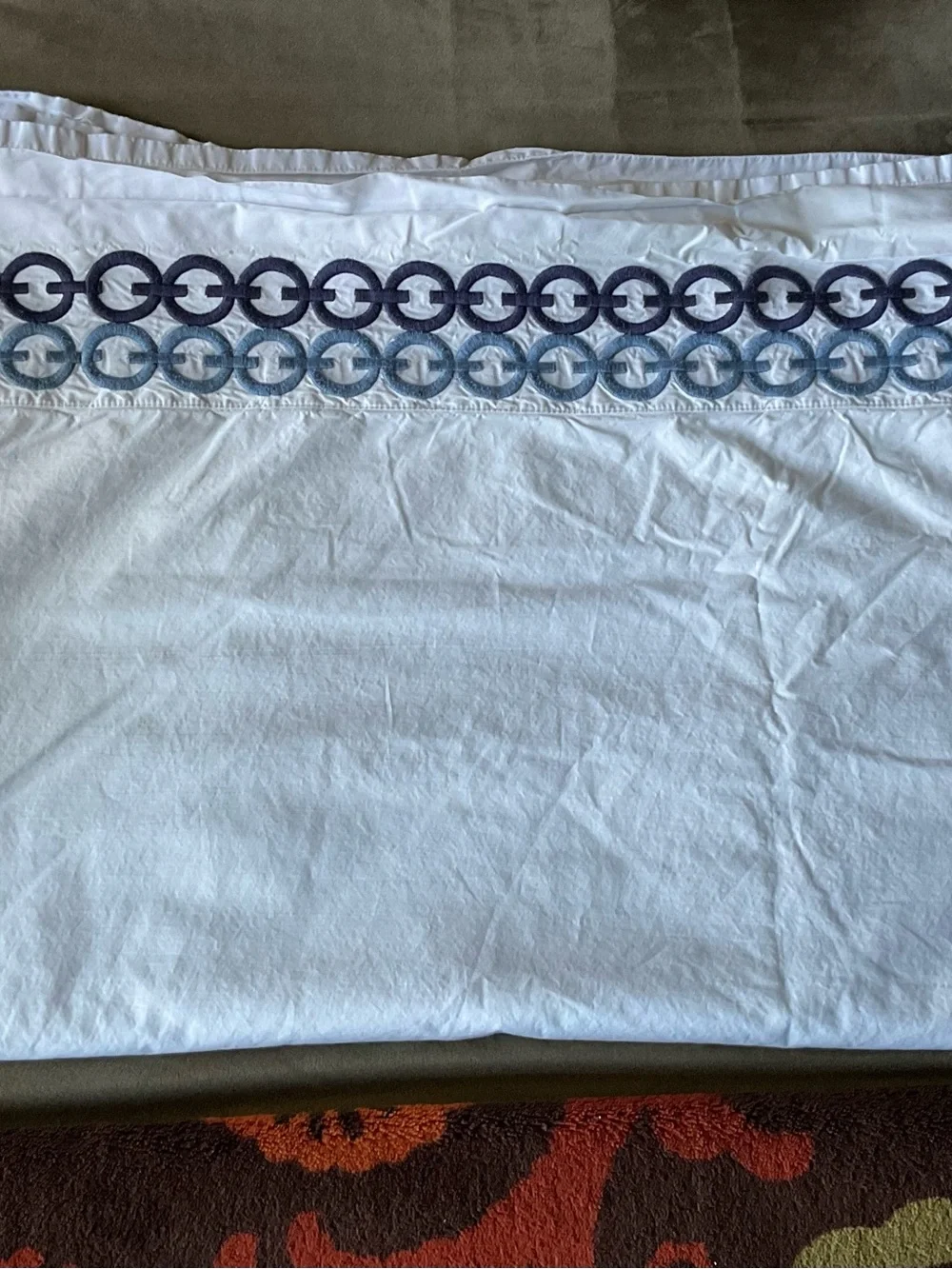 Williams Sonoma White CHAIN LINK EMBROIDERED Cal King Flat Sheet Italy